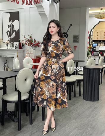 Đầm xòe lụa mango eo peplum họa tiết Nâu  - D984