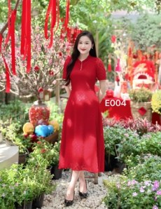 Đầm xòe cổ trụ voan tơ thêu màu Đỏ - E004