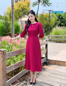 Đầm xòe  lụa cổ tròn đính nút tay lỡ màu hồng - E008