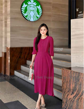 Đầm xòe cổ bèo ngực viền ren màu Hồng - E215