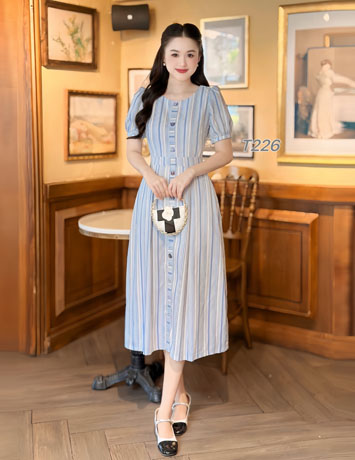 Đầm xòe sọc đính nút dọc thân màu Xanh - E226