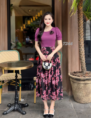 Đầm phối áo lụa chân váy tầng hoa hồng tím  - E244