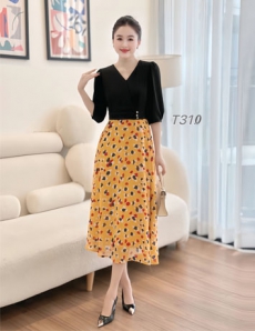 Đầm xòe phối áo đen chân váy vàng họa tiết màu sắc - E310