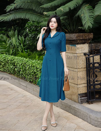 Đầm suông xòe nhẹ 8 mảnh cổ sam màu Xanh - E391