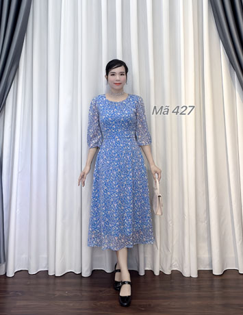 Đầm xòe cổ tròn hoa nhí màu Xanh- E427