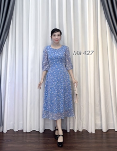 Đầm xòe cổ tròn hoa nhí màu Xanh- E427