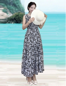 Đầm xòe tầng sát tay bông màu đen trắng - E677