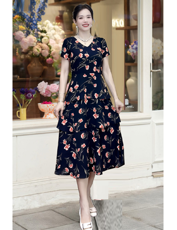 Đầm xòe tầng nền đen hoa cam - E695