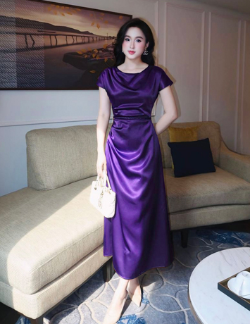 Đầm xòe lụa eo đính dây thắt bím màu tím - E725