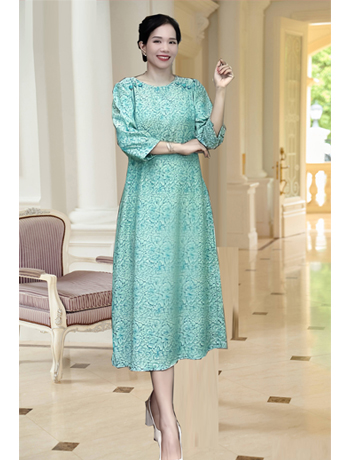 Đầm suông lụa vai đính nút màu xanh - E786