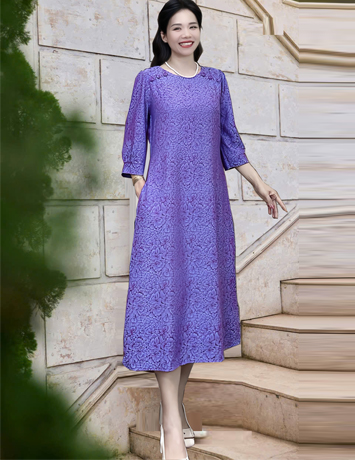 Đầm suông lụa vai đính nút màu tím - E787