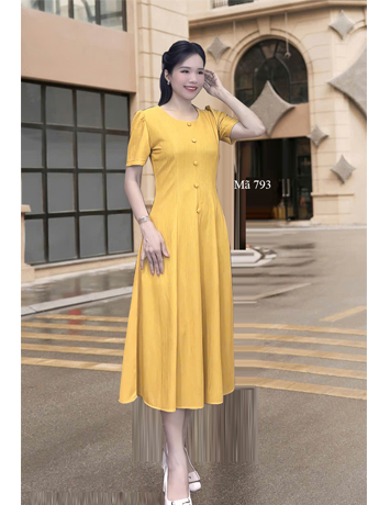 Đầm xòe mảnh thụn dập màu Vàng - E793