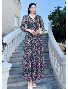Đầm maxi  màu Xanh Đen hoa nhí hồng cổ tim tay lỡ - E811