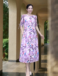 Đầm voan suông hoa Tím tay rút dây - E813