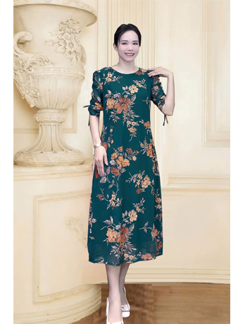 Đầm voan suông Màu xanh hoa Cam tay rút dây - E814
