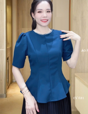 Áo kiểu đính ngọc ở cổ Màu Xanh - E826