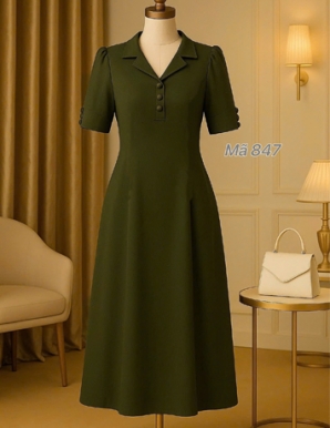 Đầm suông cổ vest Màu Xanh Rêu  - E847