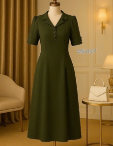 Đầm suông cổ vest Màu Xanh Rêu  - E847
