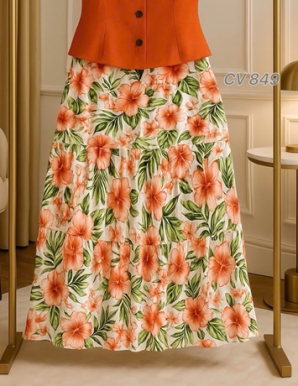 Chân váy Tầng Linen Màu Trắng hoa Cam - E849