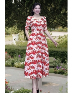  Đầm voan xòe cổ vuông Đỏ- E852