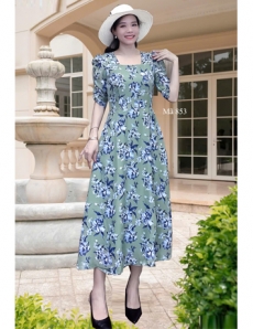 Đầm voan xoè cổ vuông Xanh- E853