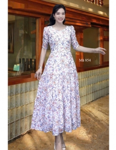  Đầm tầng cổ tròn tay nhún Trắng hoa Tím- E854