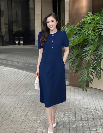 Đầm suông Xanh Đen cổ tròn đính nút  - E859