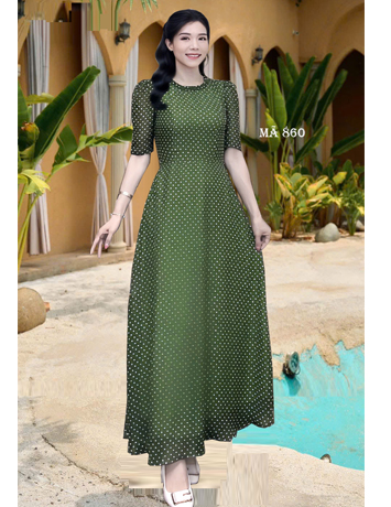  Đầm maxi chấm bi màu Xanh cổ tròn - E860