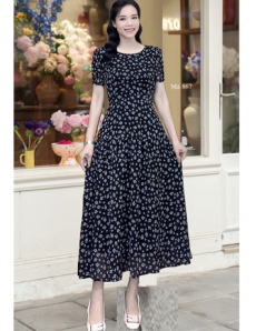  Đầm tay cánh hoaTầng hạ eo Đen  - E867