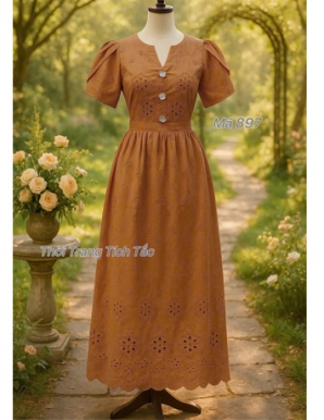 Đầm maxi  Xô Thêu màu Cam đào - E897