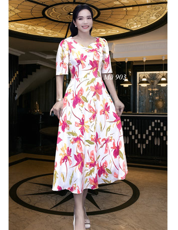 Đầm xòe mango ngân nút bọc bông Đỏ- E903