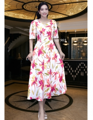Đầm xòe mango ngân nút bọc bông Đỏ- E903