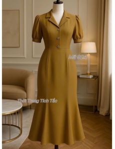 Đầm đuôi CÁ CỔ VEST màu Da Bò- E924