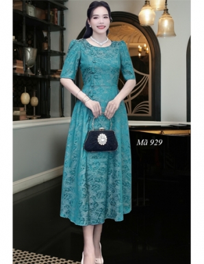 Đầm xòe lụa gấm đính nút màu Xanh - E929