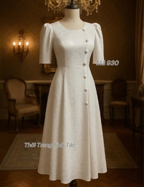 Đầm xòe lụa gấm đính nút màu Trắng- E930