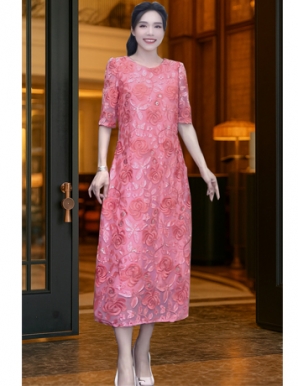 Đầm Ren suông thêu nổi Màu hồng -E939