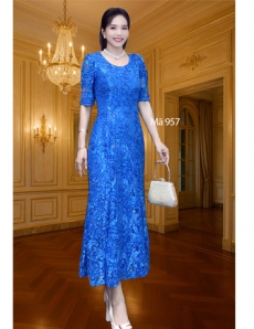 Đầm ren đuôi cá Thêu hoa nổi màu Xanh - E957