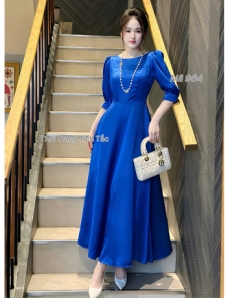 Đầm Maxi lụa Cao cấp tay lỡ màu Xanh - E964