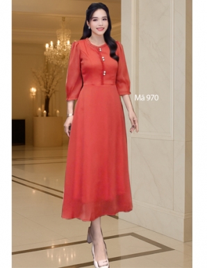 Đầm xòe voan tơ ánh viền bèo màu cam - E970