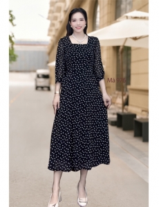 Đầm cổ vuông Đen Chấm bi - E976