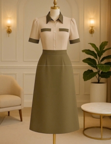 Đầm Form A cổ sơ mi Kem phối nâu - E979
