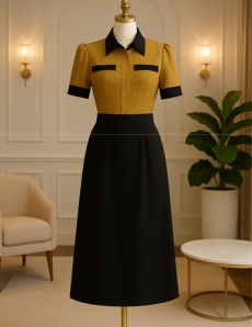 Đầm Form A cổ sơ mi vàng phối đen - E981