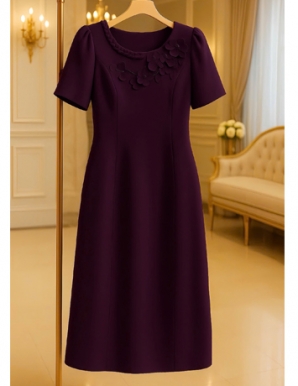 Đầm suông Màu Măng cụt đính đá và hoa thủ công - E989