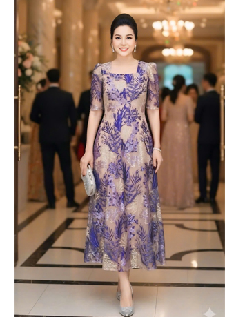Đầm ren cổ vuông màu Màu da hoa tím - E993