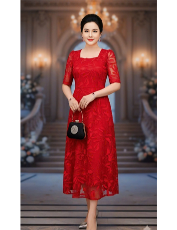 Đầm ren cổ vuông màu đỏ - E994