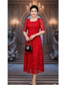 Đầm ren cổ vuông màu đỏ - E994