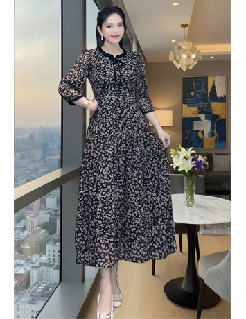 Đầm tầng Đen hoa Nâu viền đen - E995