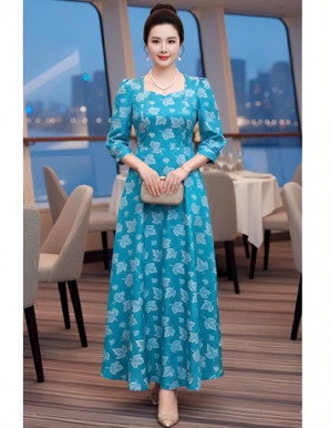 Đầm dạ hội maxi Lụa Gấm Màu Xanh - E999