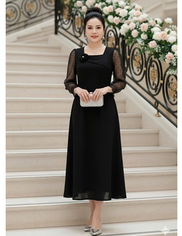 Đầm Xòe cổ vuông Tay lưới bi - F002