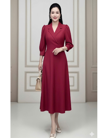 Đầm Form A cổ Vest phối tay voan màu đỏ - F004